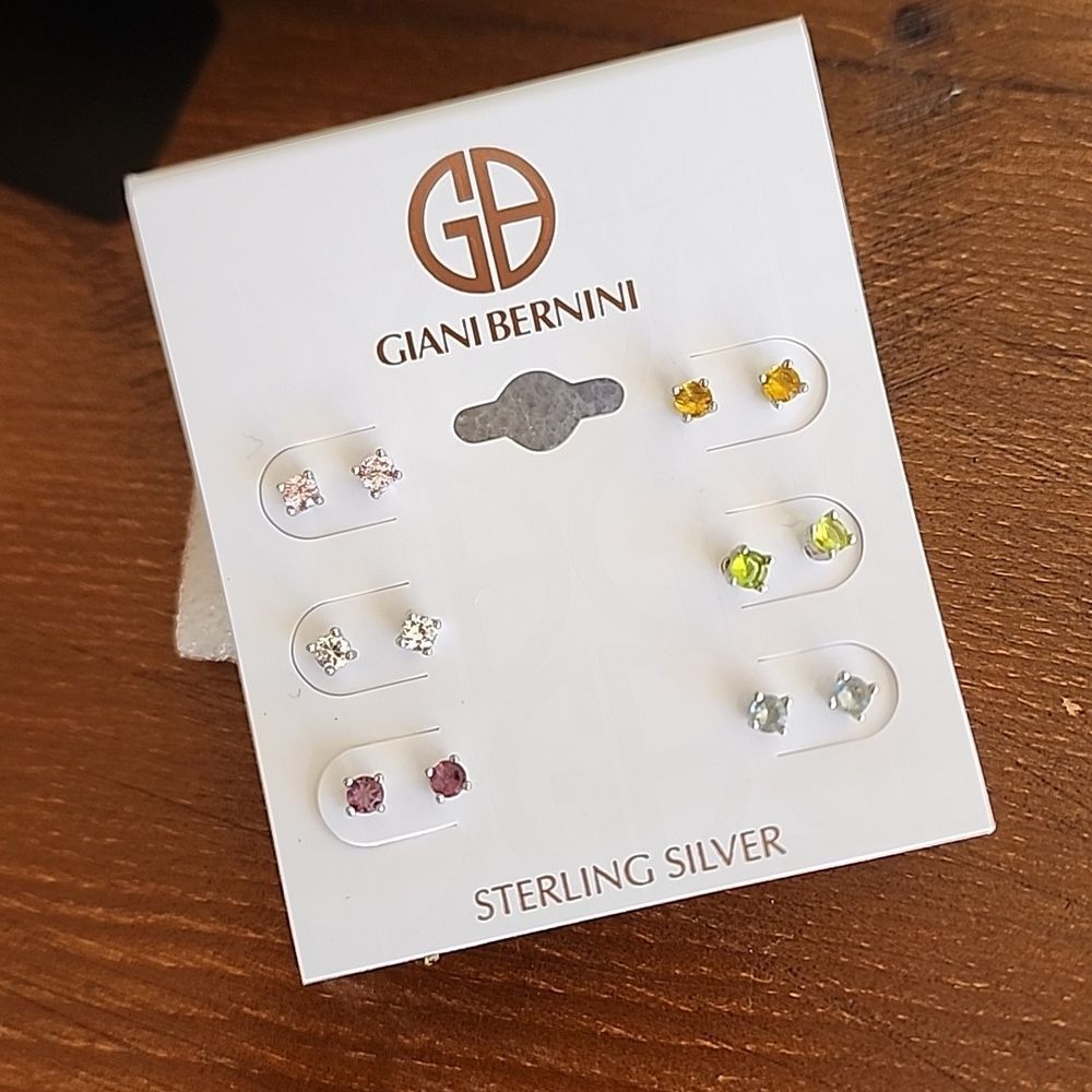 Gianni Bernini sterling silver six pair lab created Ruby and multi CZ, 3 mm